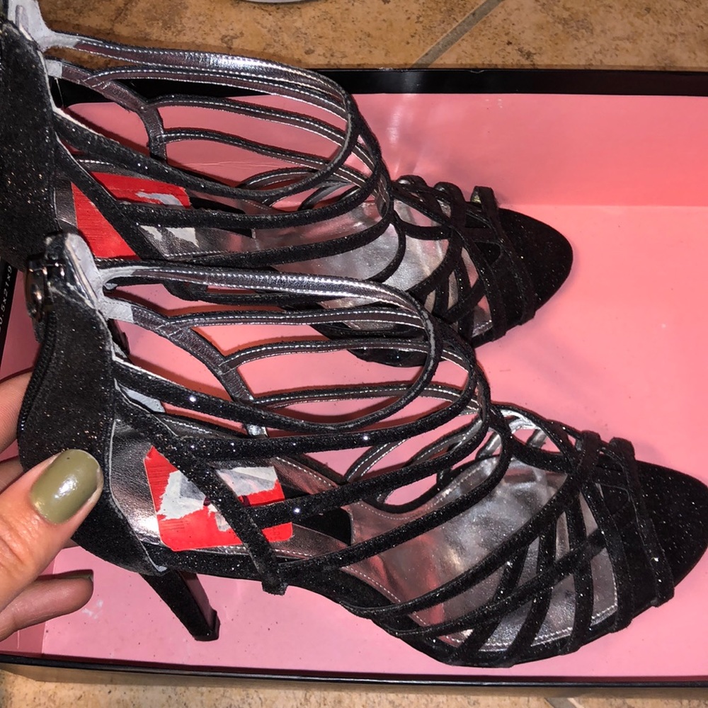 Sparkly Black Open Toe Heels